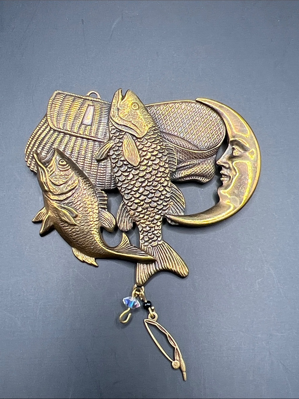 Antique-Style Fish & Crescent Moon Brooch in Brass Tone
